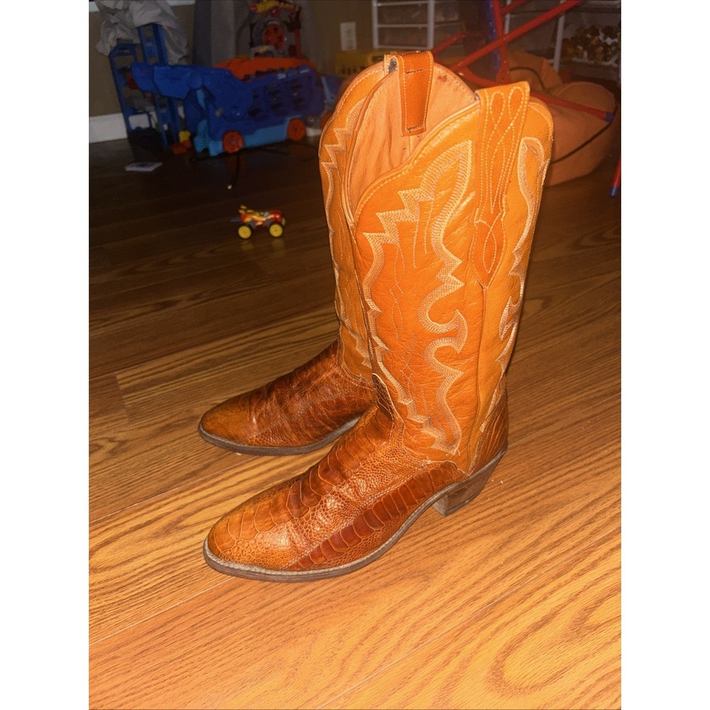 VNTG J Chisholm Men's Cowboy Boots Size 9.5 Ostrich Leg Brown Leather Western - Picture 10 of 10